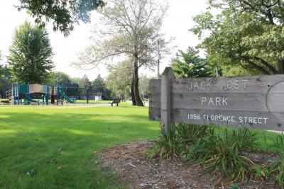 Picture of Jack Yost Park entrance sign and playground